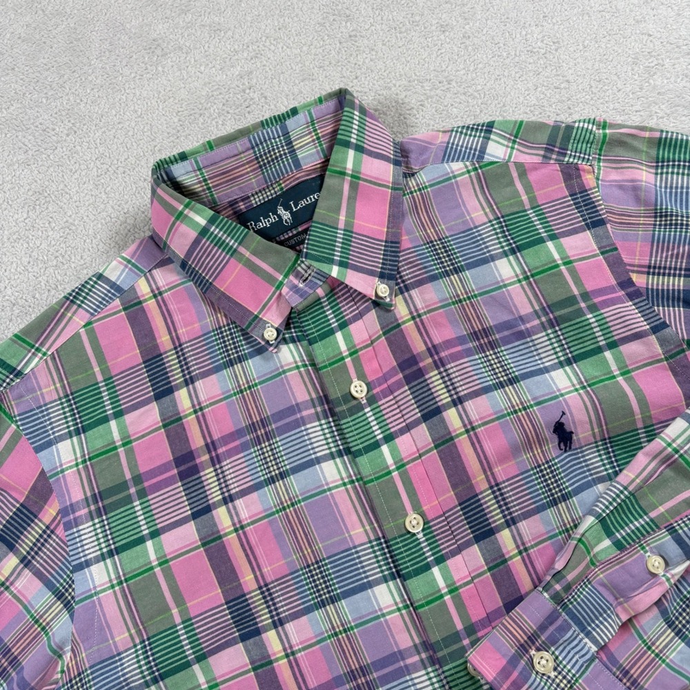 Ralph Lauren Mens Custom Fit Plaid Button Down Shirt Pink Green Cotton Small
